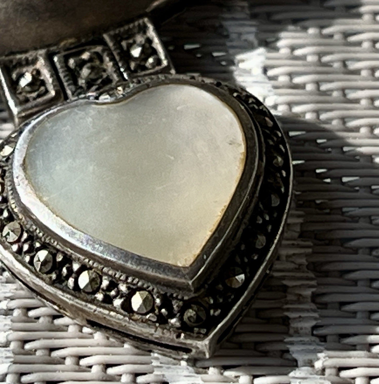 Antik  Jugendstil Silber Collier Perlen Halskette Herz Markasite blauer Stein