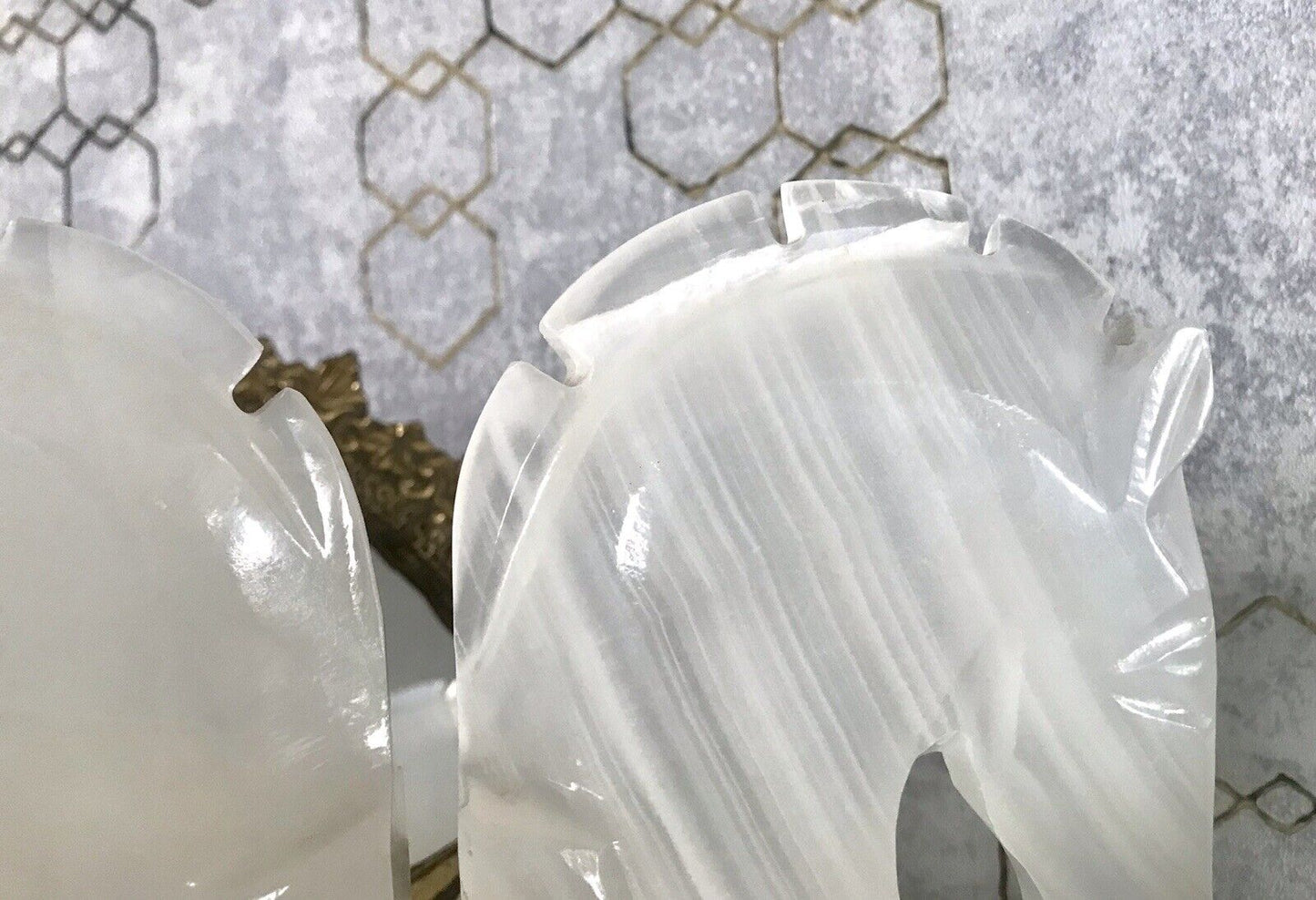 Vintage Alabaster 2 Buchstützen  weißer Onyx wundervoll! 60er 70er