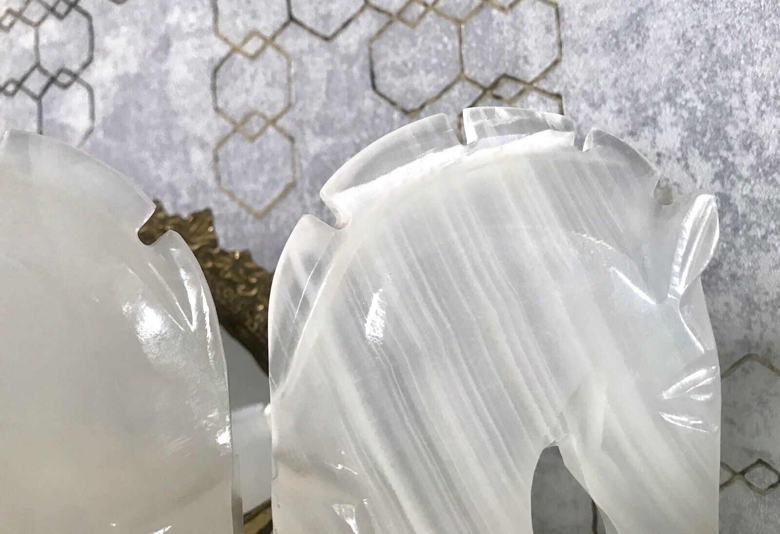 Vintage Alabaster 2 Buchstützen  weißer Onyx wundervoll! 60er 70er