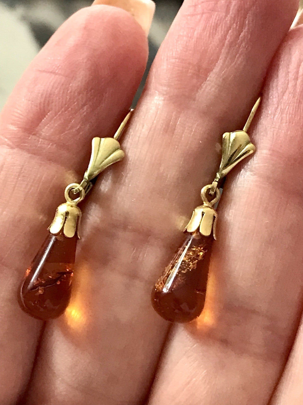 Antik Vintage Ohrhänger Ohrringe Pampel Bernstein ? DAMEN Amerik. Doublè