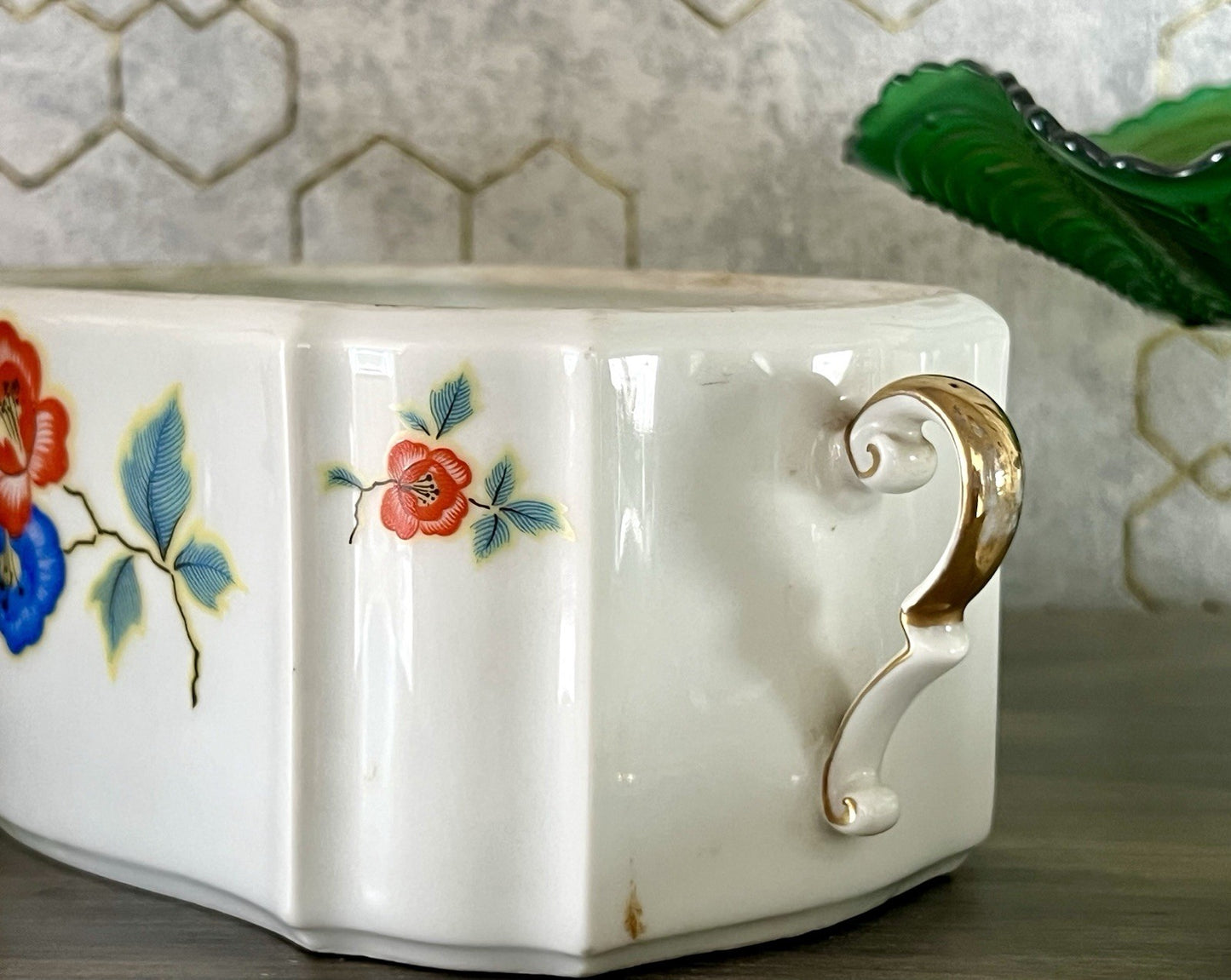 Antik Art Déco Porzellan Dose Deckeldose Schatulle Bonboniere gestempelt R Krone