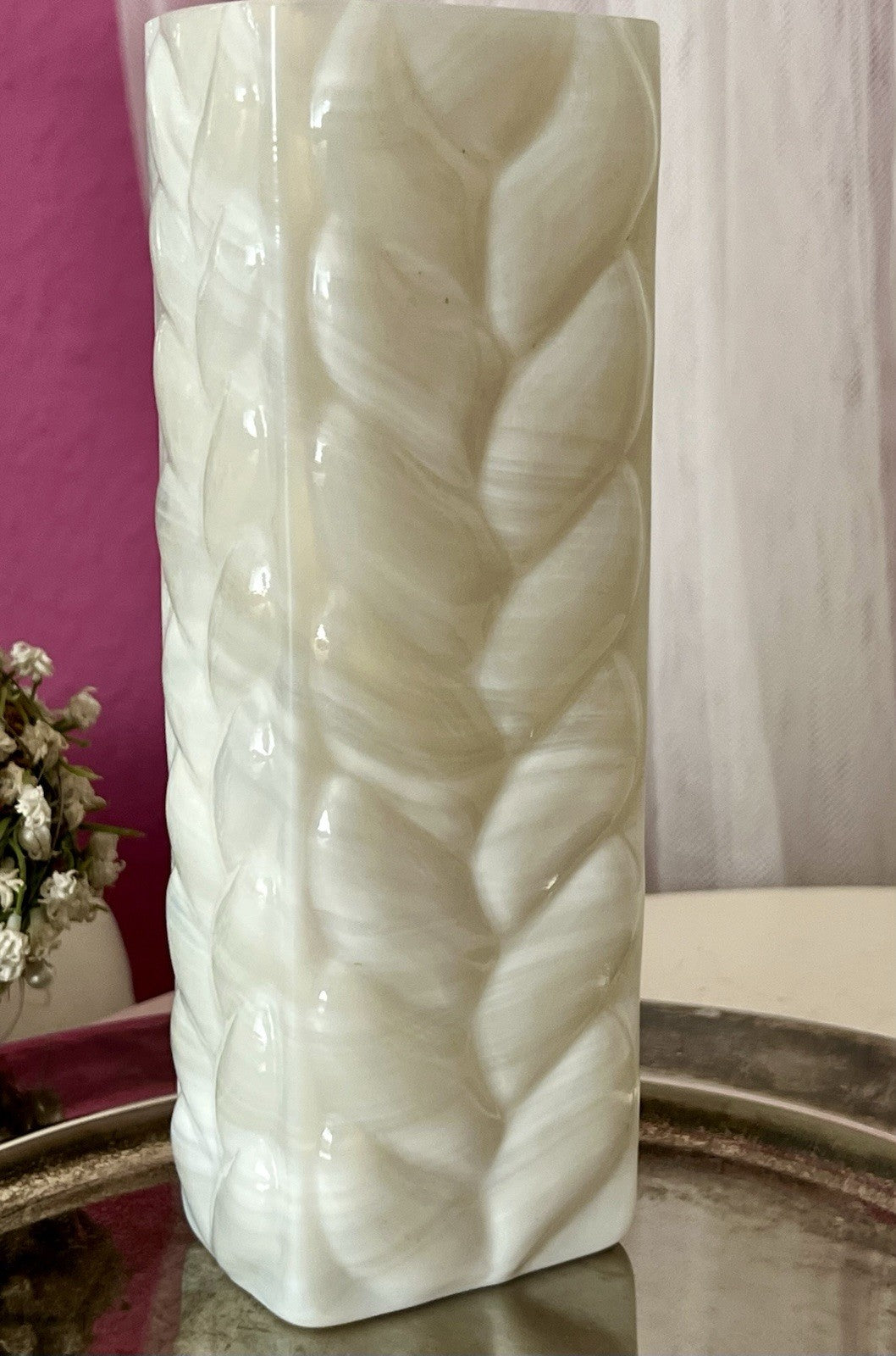 Vintage 60er Jahre MCM Glasvase Vase Glas Design Zopfmuster Blockvase weiß