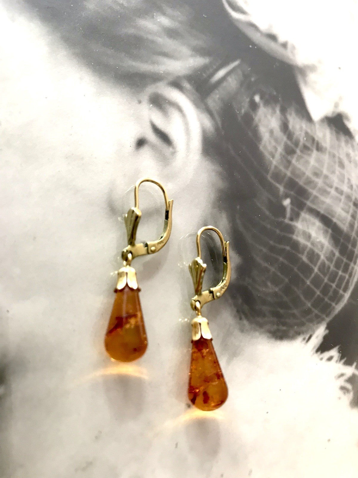 Antik Vintage Ohrhänger Ohrringe Pampel Bernstein ? DAMEN Amerik. Doublè