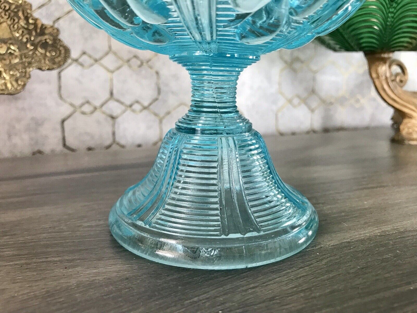 Antik Jugendstil Art Déco Pressglas Schale Fußschale Zuckerschale blau türkis