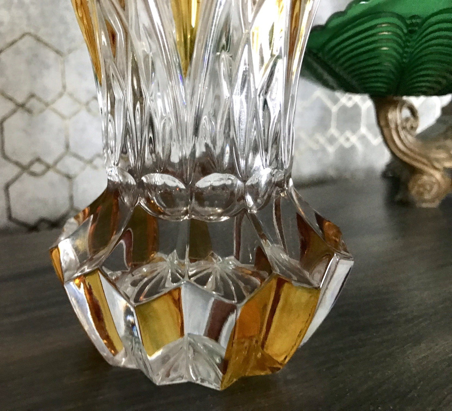 Antik alt Art Déco Stil Glasvase Bleikristall Vase Bernstein Gelbbeize Annahütte