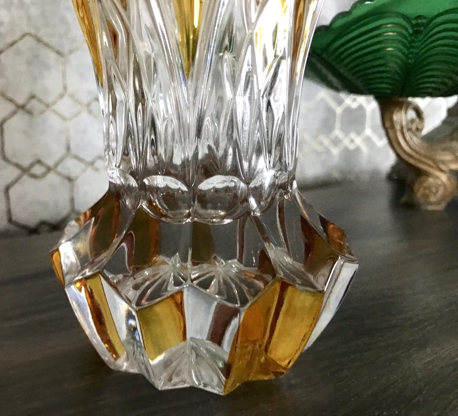 Antik alt Art Déco Stil Glasvase Bleikristall Vase Bernstein Gelbbeize Annahütte