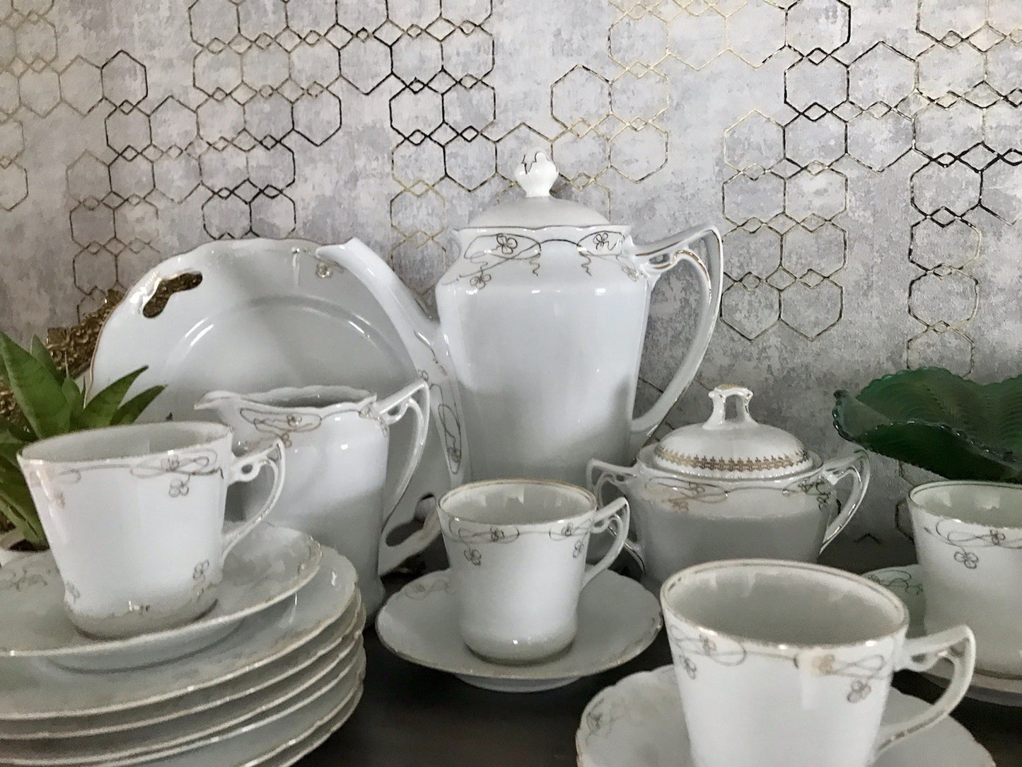 Antik reines Jugendstil Porzellan Kaffeeservice weiß gold 5 Pers. WOW!