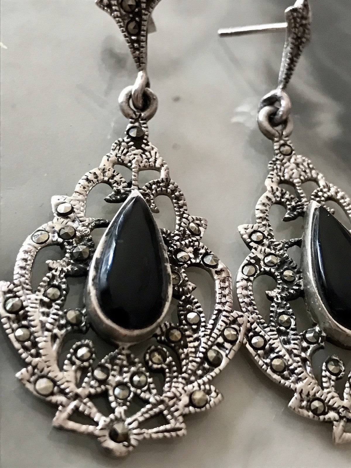 Antik Art Déco Wundervoll Ohrhänger Ohrringe DAMEN Silber 925 Onyx Markasite