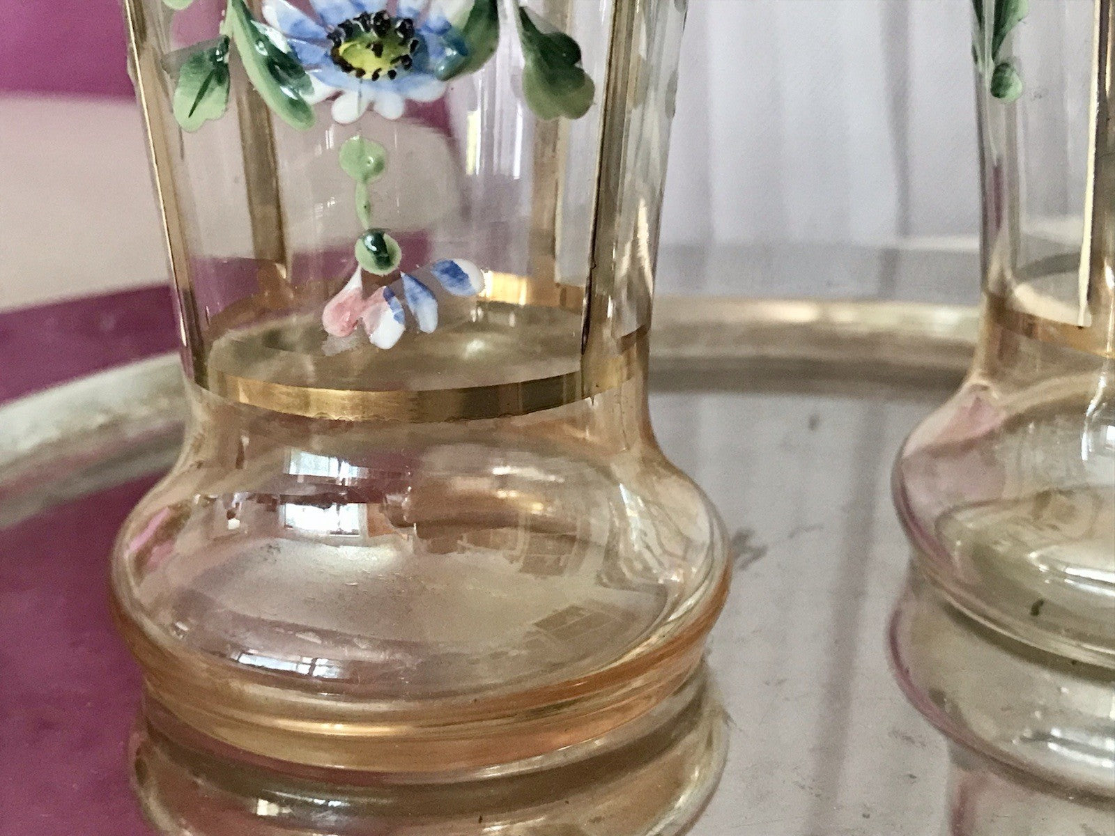 Antik Jugendstil Emaile -Malerei Glas Fußbecher Becher Pokal Bierglas irisierend