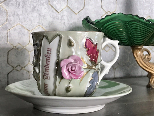 Antik Rosenhäferl Porzellan Andenken Tasse Zum Andenken Stucktasse grün rosa