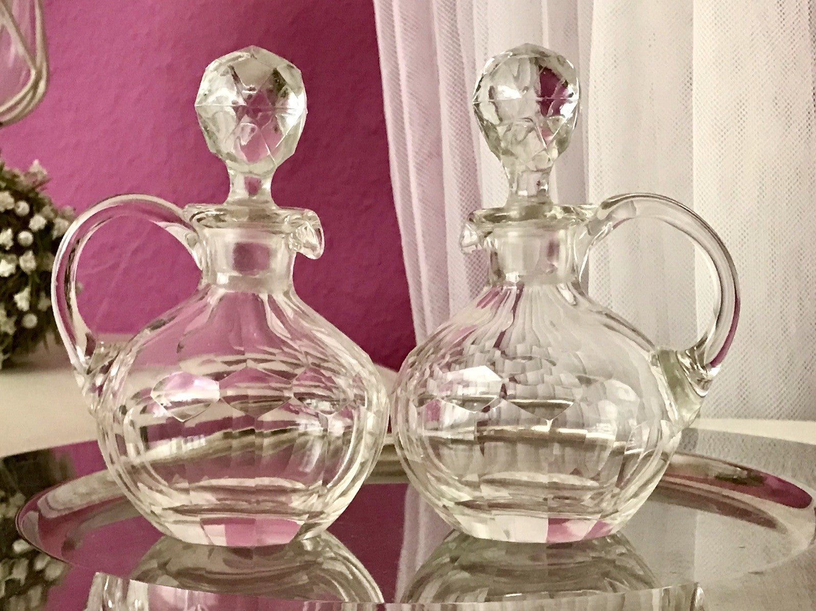 Antik 2x Kristallglas Essig&Öl Karaffe Glas Schliff Oliven Stopfen