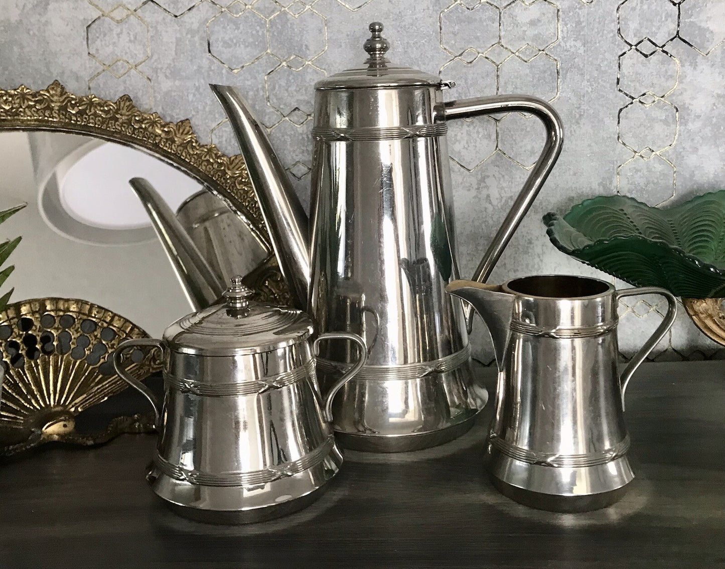 Antik Jugendstil Kaffee Kernstück Zuckerdose Rahmgießer Kanne vernickelt?