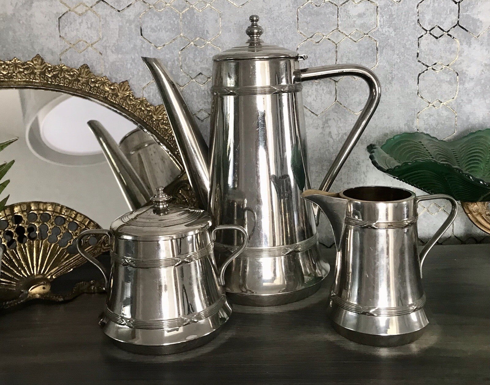 Antik Jugendstil Kaffee Kernstück Zuckerdose Rahmgießer Kanne vernickelt?