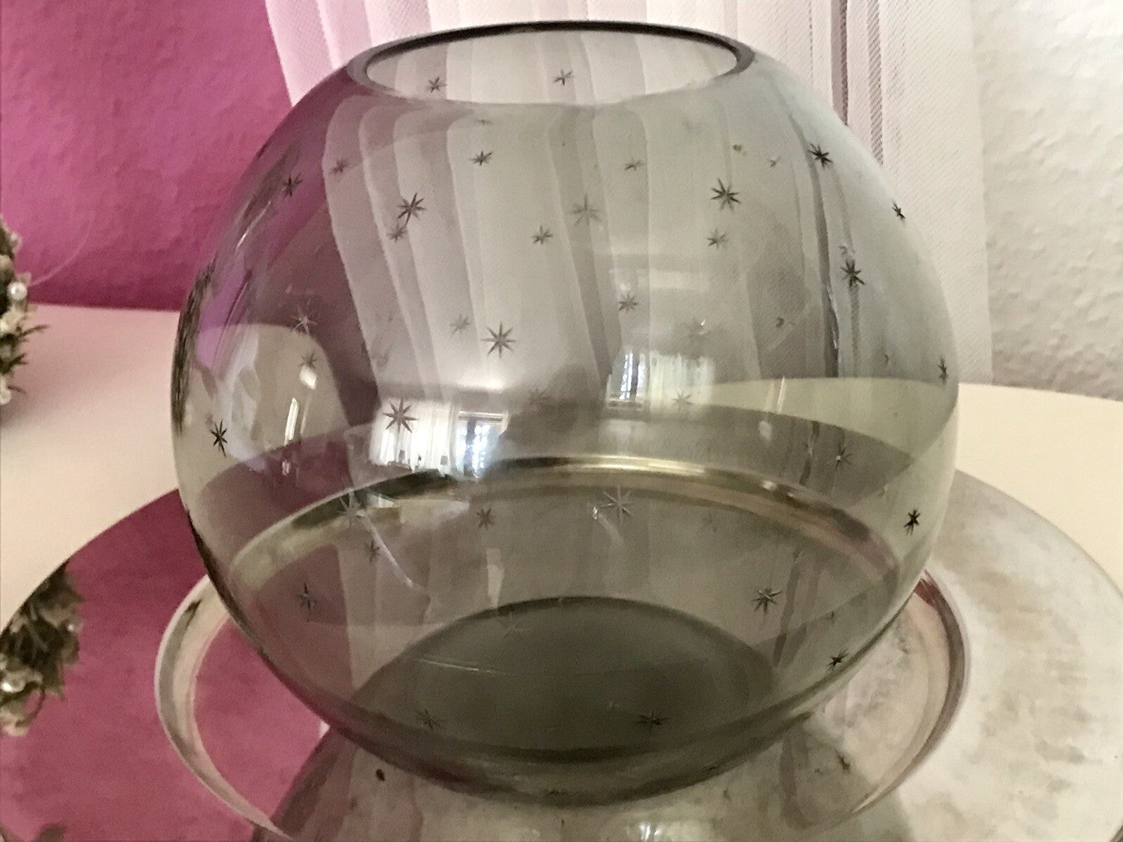 Alt Vintage Glasvase Glas Rauchglas Vase Mid century Kugelvase Grau Sternchen
