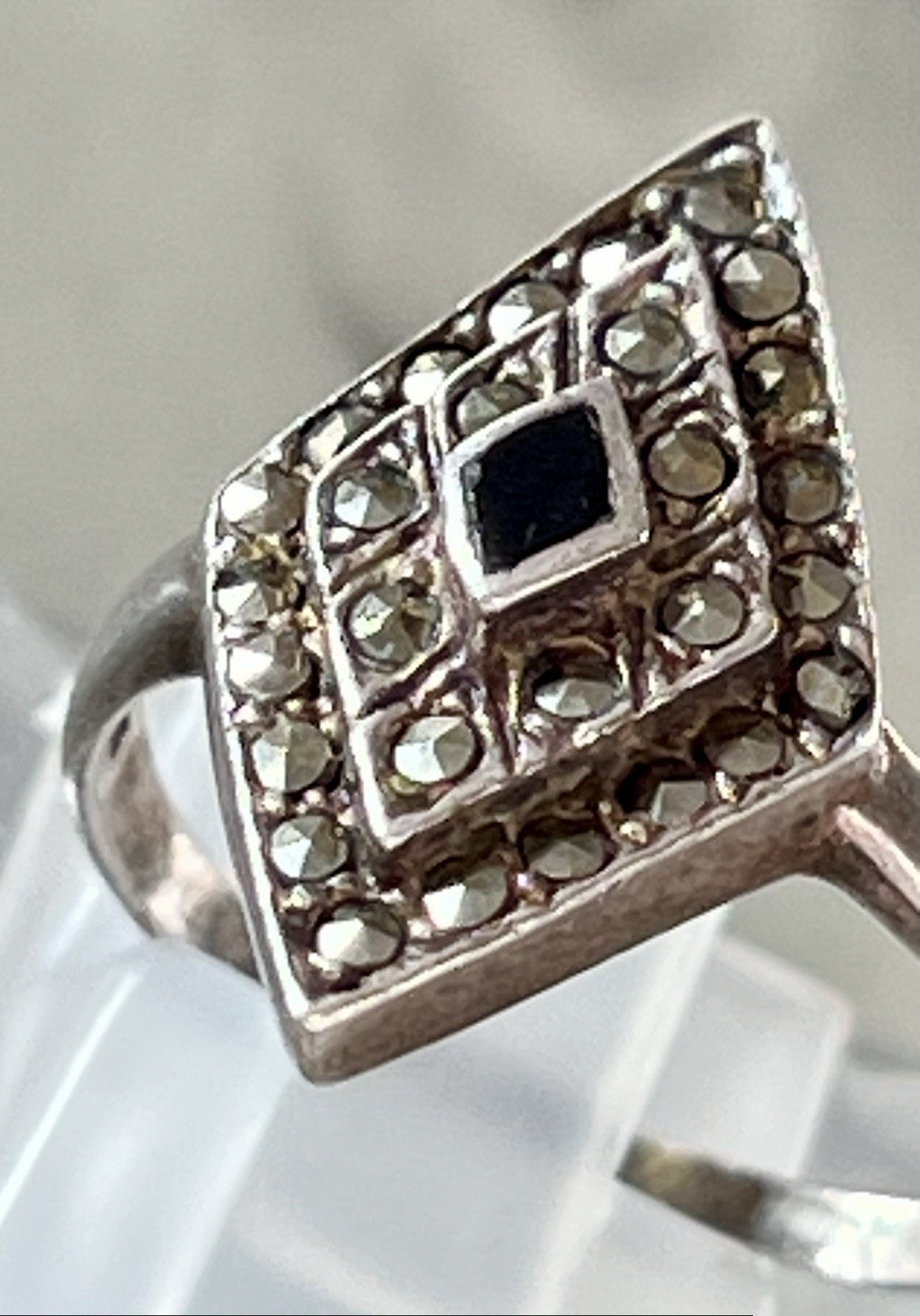 Antik Art Déco Edel Onyx Markasite DAMEN RING Silber 925 Gr.55
