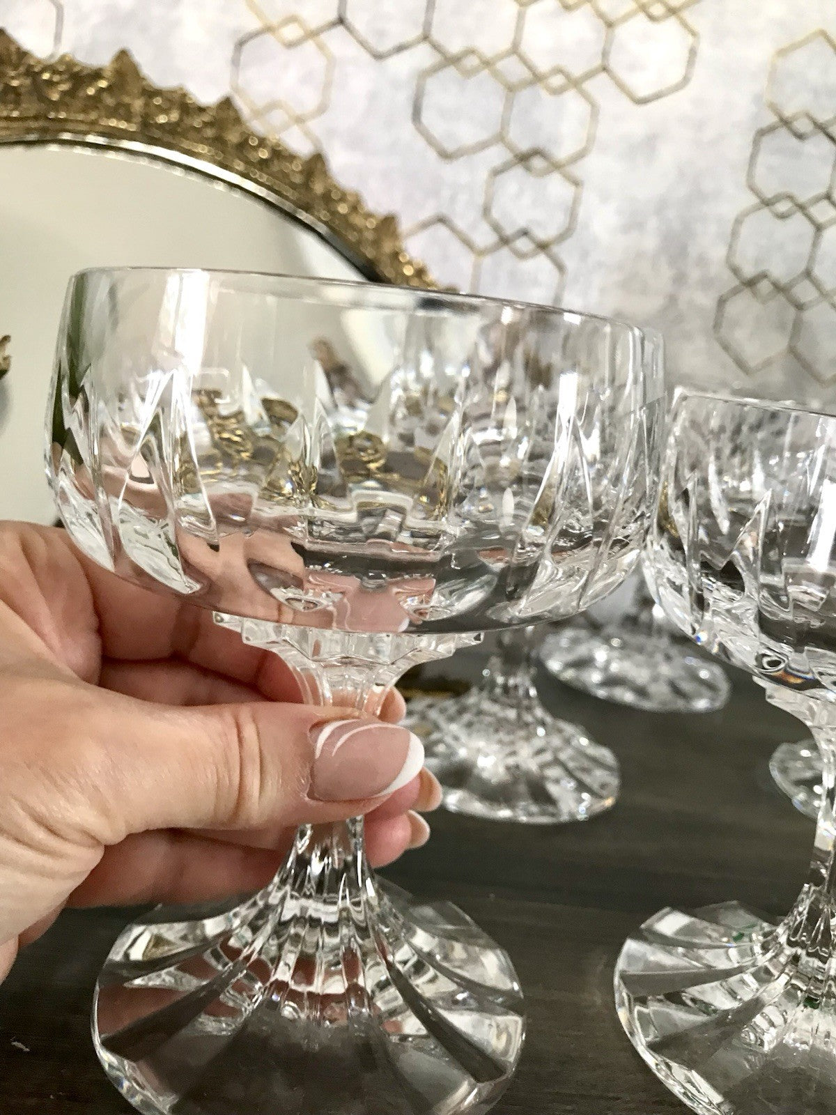 Vintage 6x Champagnerschalen Sektschalen Kristallglas Schliff Bleikristall