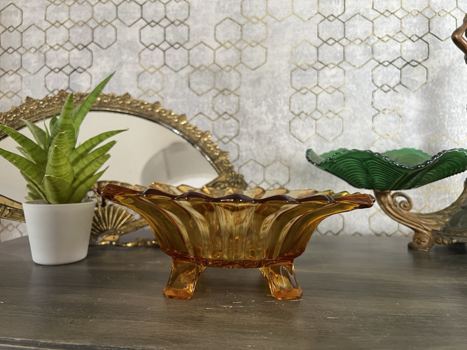 Antik Jardiniere Brockwitz Prismen Bernstein gelb Art Déco Schale Pressglas Glas