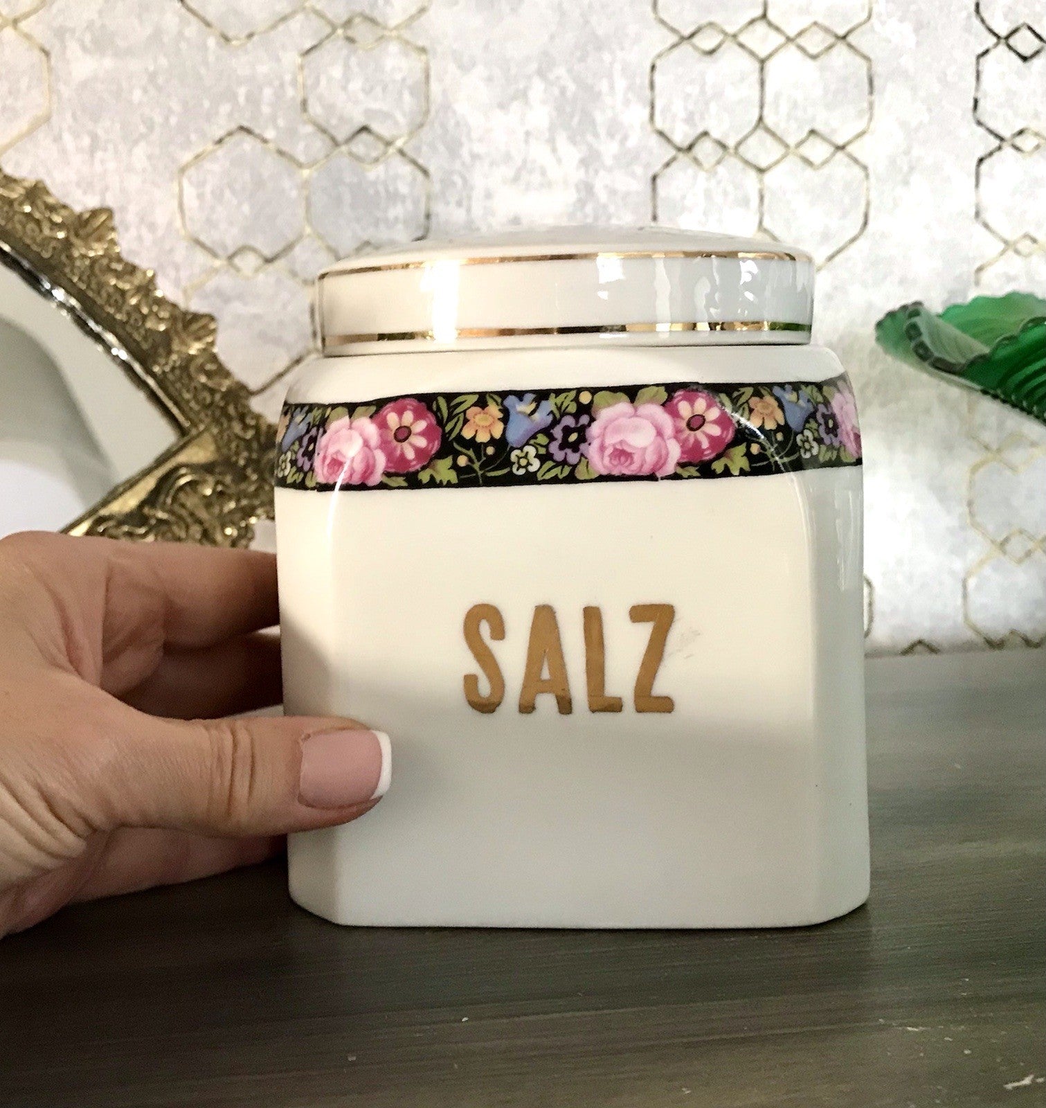 Antik Porzellan Dose Vorratsgefäß Vorratsdose Salz Blumenborte Art Déco