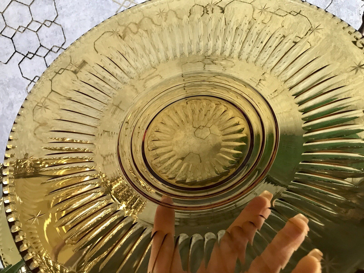 Antik Art Déco Edel Designer Kristallglas Schale Glasschale Bernstein Farbe Gelb