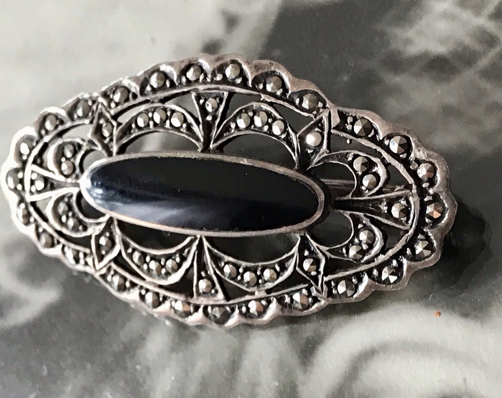 Antik Art Déco Edel Silber 925er Markasiten Onyx Edel Brosche