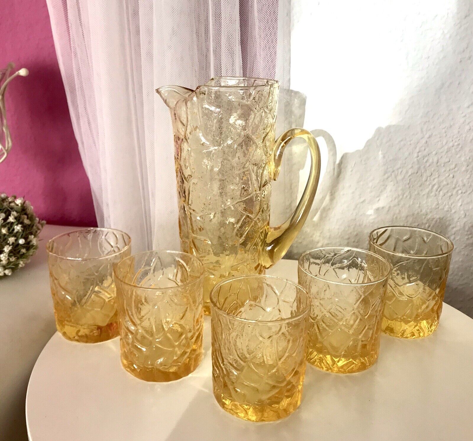 Vintage Designer 60er 70er Krug Kanne Karaffe 5 Becher gelb Glas Reptil Struktur