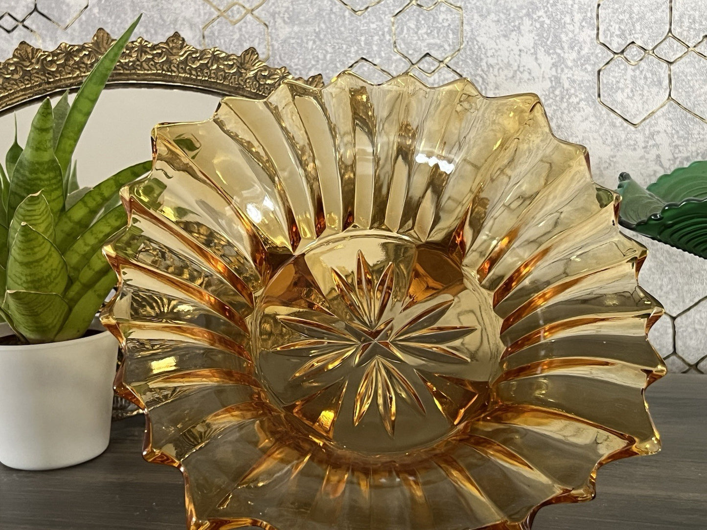 Antik Jardiniere Brockwitz Prismen Bernstein gelb Art Déco Schale Pressglas Glas