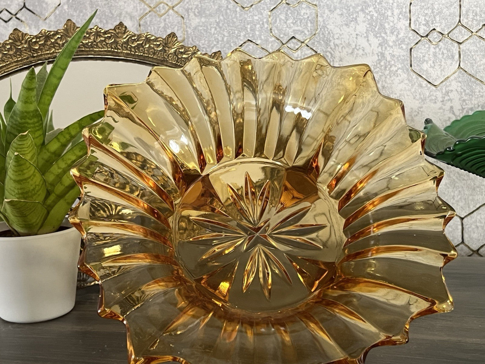 Antik Jardiniere Brockwitz Prismen Bernstein gelb Art Déco Schale Pressglas Glas