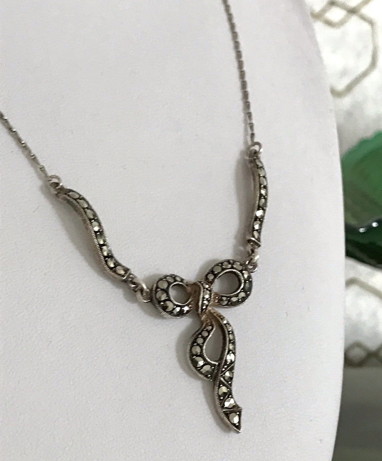 Antik Edel Jugendstil 835 Silber Collier Halskette Markasite Schleife