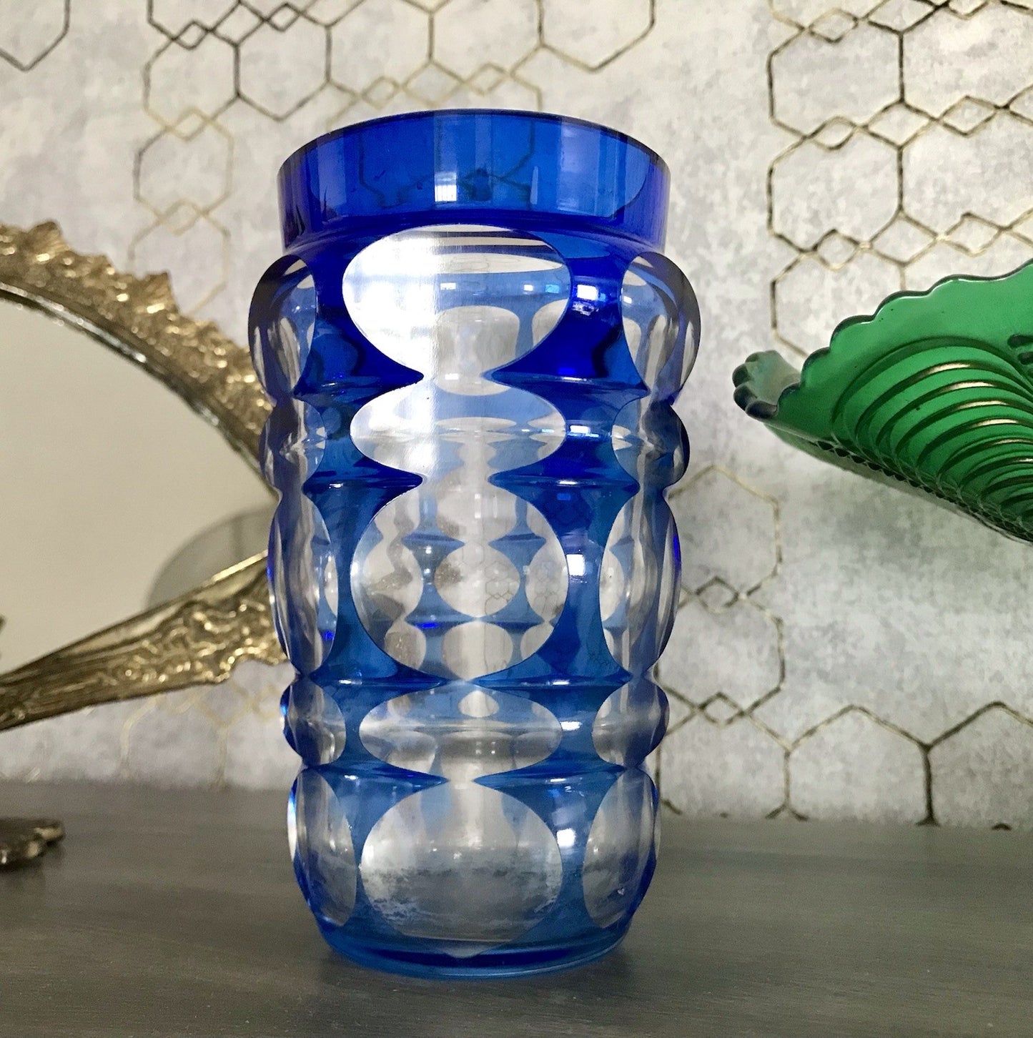 Antik? Art Déco Vase Glasvase Vase Glas Kristallglas Entwurf Meltzer Haida blau