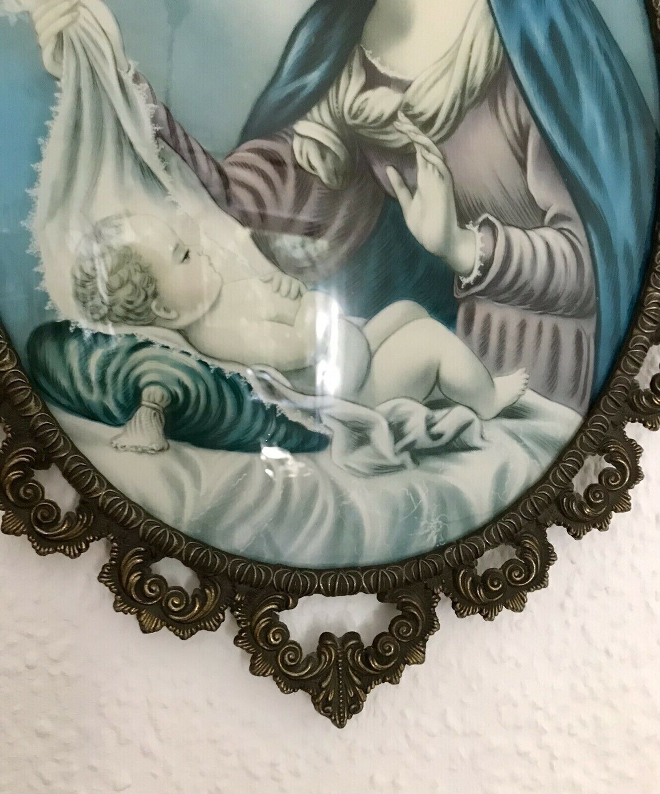 Alt Vintage Bilderrahmen Messing ? Guss ? Votivbild gewölbtes Glas Madonna&Jesus