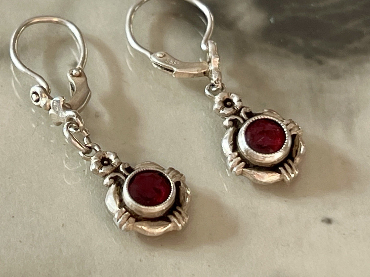 Antik Art Déco Edel Ohrhänger Ohrringe DAMEN Silber 800 rote Steine