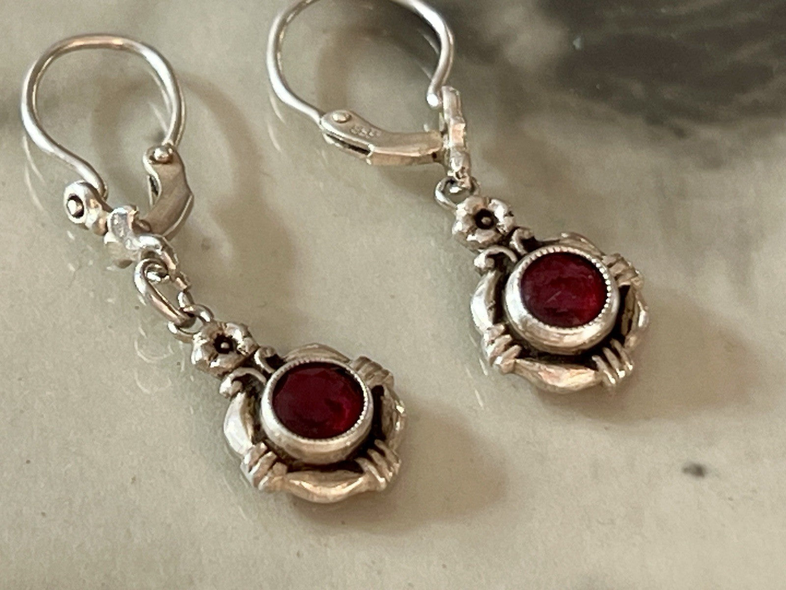 Antik Art Déco Edel Ohrhänger Ohrringe DAMEN Silber 800 rote Steine