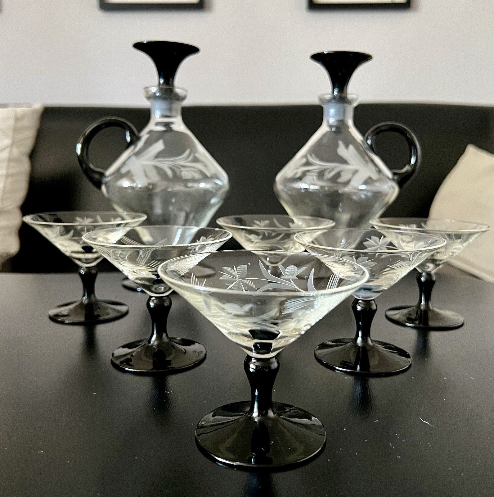 Antik Art Déco Likör 2x Karaffe & 6 Gläser Likörschalen Glas schwarz Stiel