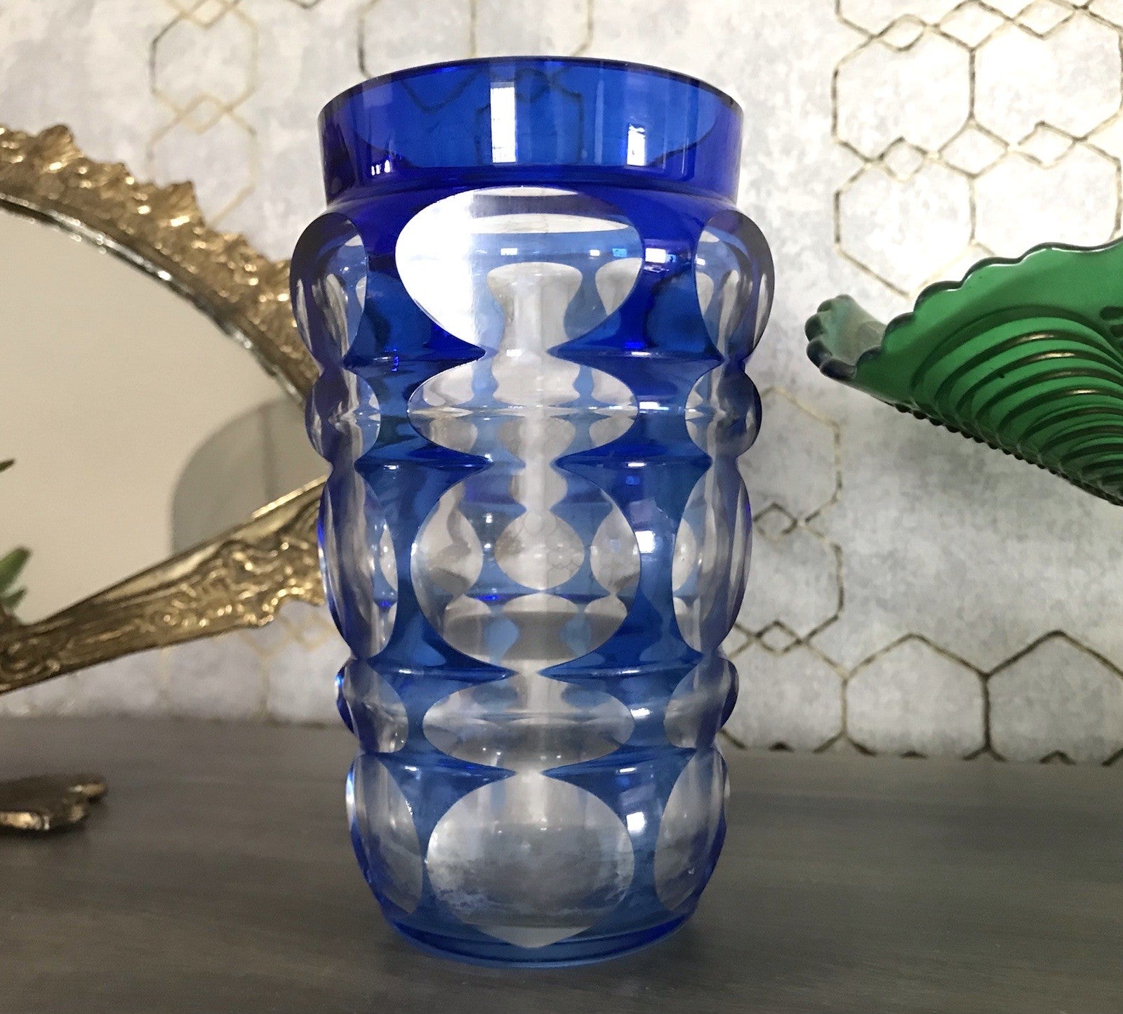 Antik? Art Déco Vase Glasvase Vase Glas Kristallglas Entwurf Meltzer Haida blau