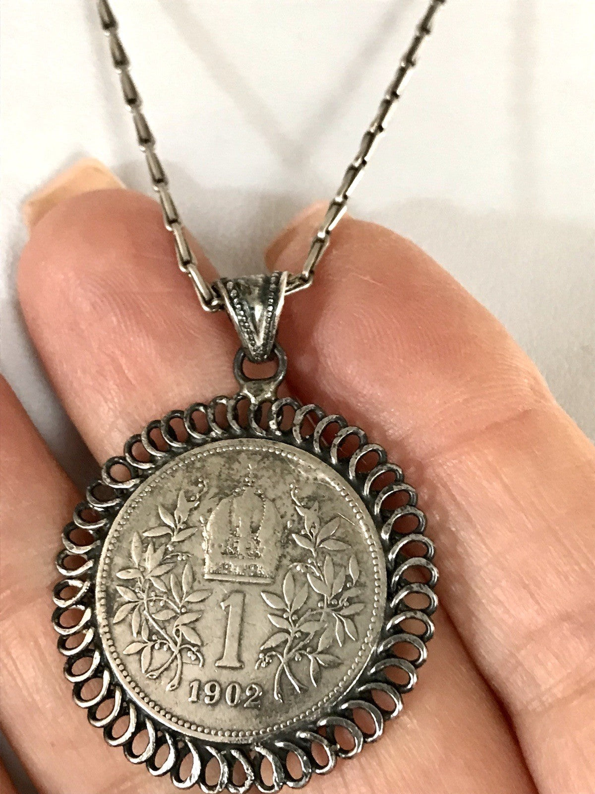 Antik Halskette Münze Kaiser Franz 1902 Anhänger Kettenanhänger Silber 835