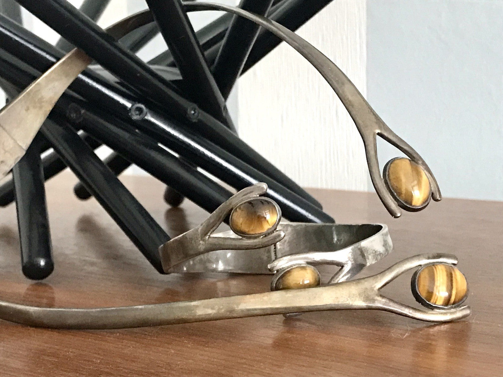 Vintage Set Halsreif Armspange Armband Collier 925 Silber Halskette Tigerauge