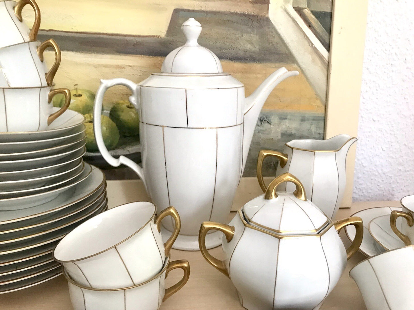 Antik Art Déco Porzellan 10+ Personen Kaffeeservice EDEL weiß Golddekor kantig