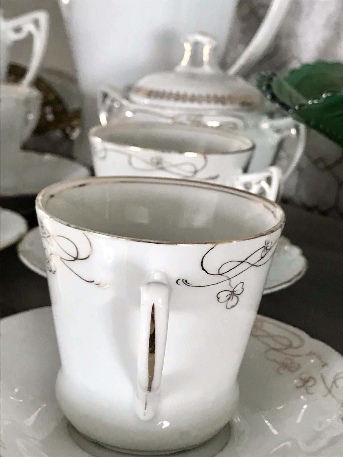 Antik reines Jugendstil Porzellan Kaffeeservice weiß gold 5 Pers. WOW!