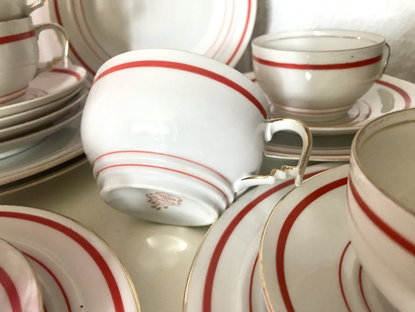 Antik Art Déco Porzellan Kaffeeservice weiß rot orange gemarkt deutsch Bauhaus