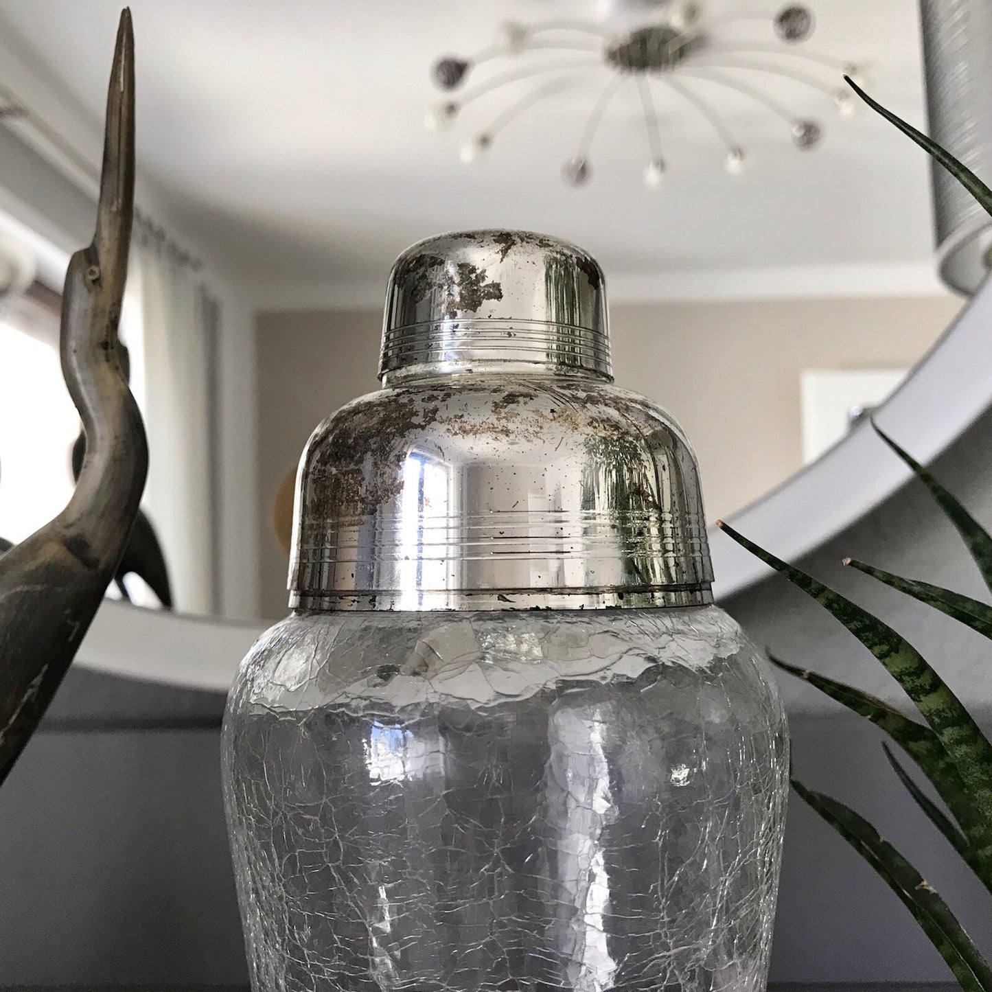 Vintage Glas 60er Craquelée versilbert Montur Getränke Cocktail Shaker