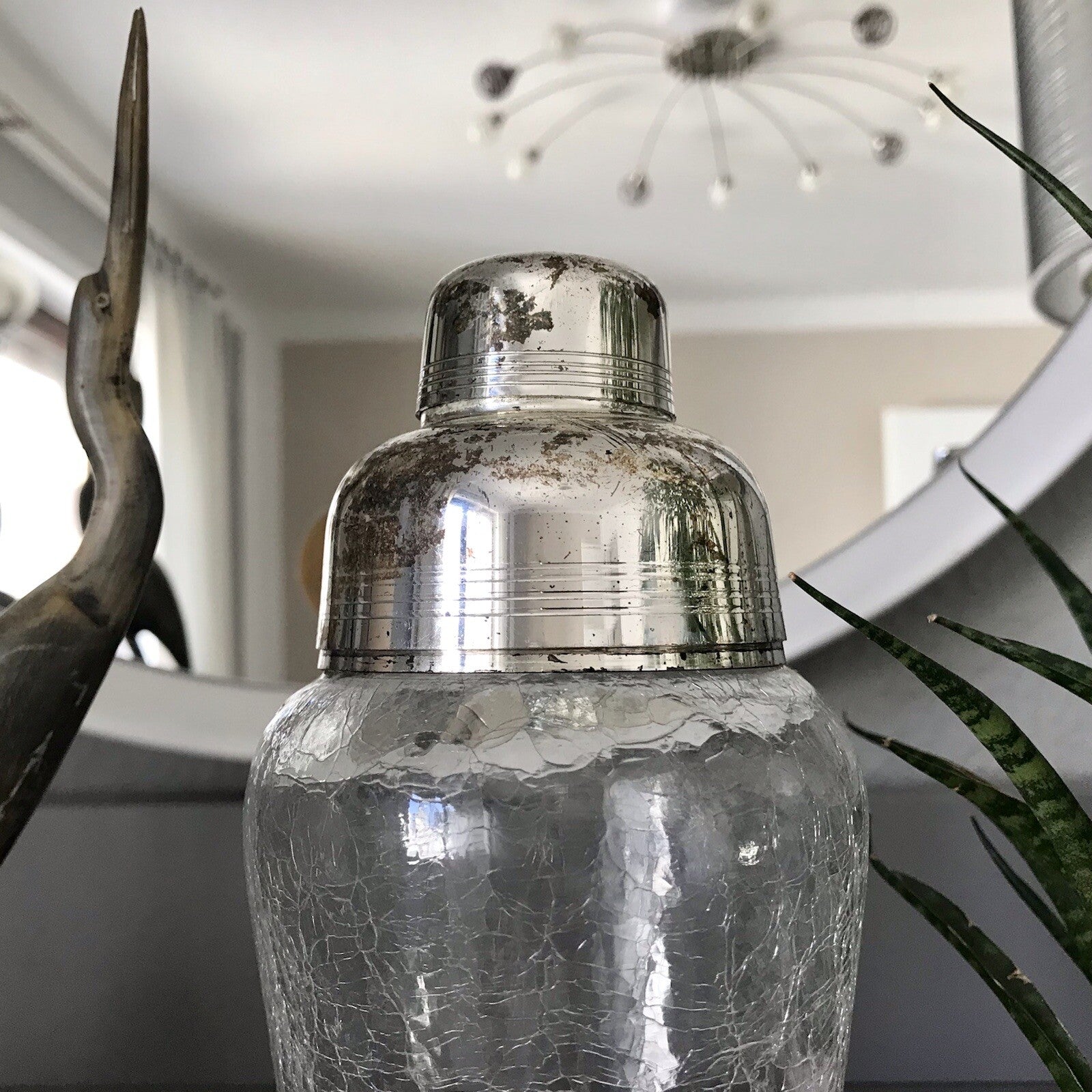 Vintage Glas 60er Craquelée versilbert Montur Getränke Cocktail Shaker