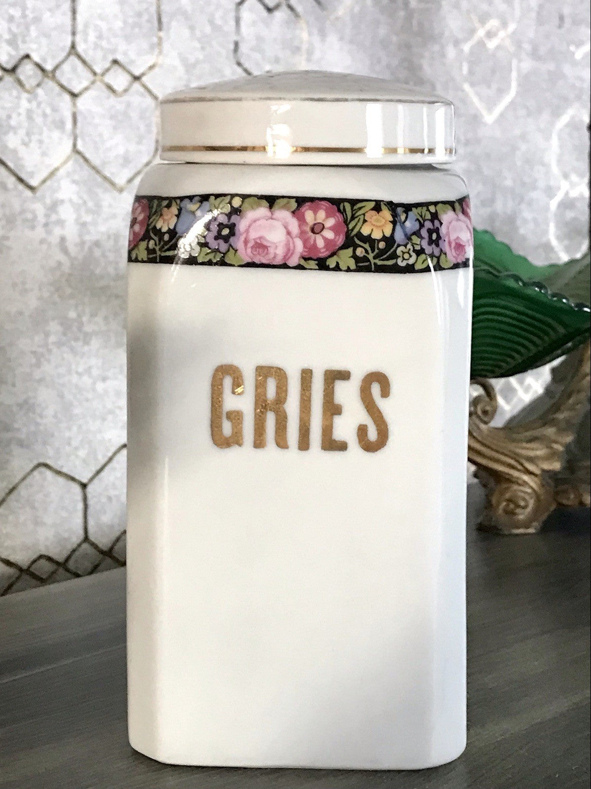 Antik Porzellan Dose Vorratsgefäß Vorratsdose Gries Blumenborte Art Déco