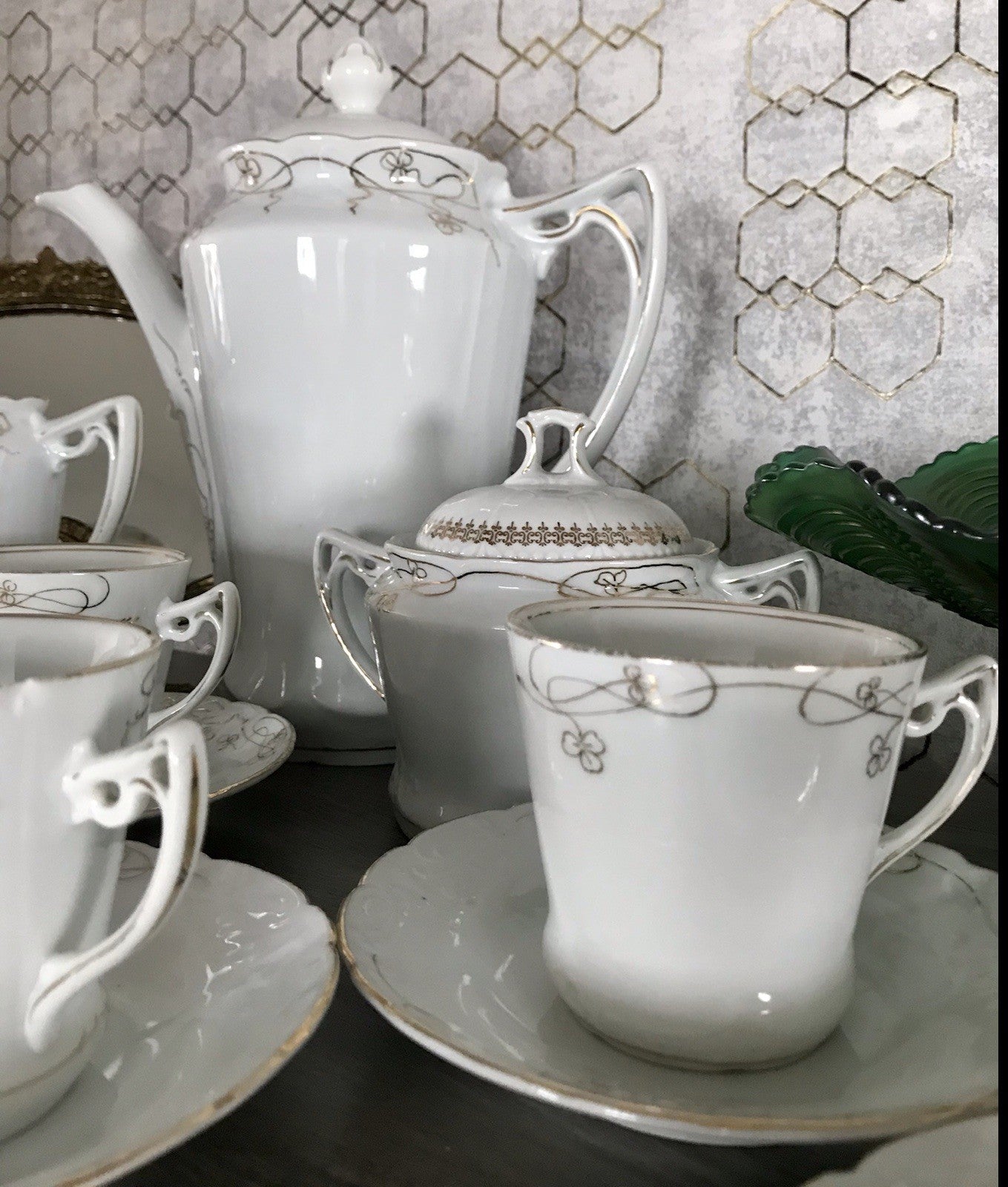 Antik reines Jugendstil Porzellan Kaffeeservice weiß gold 5 Pers. WOW!