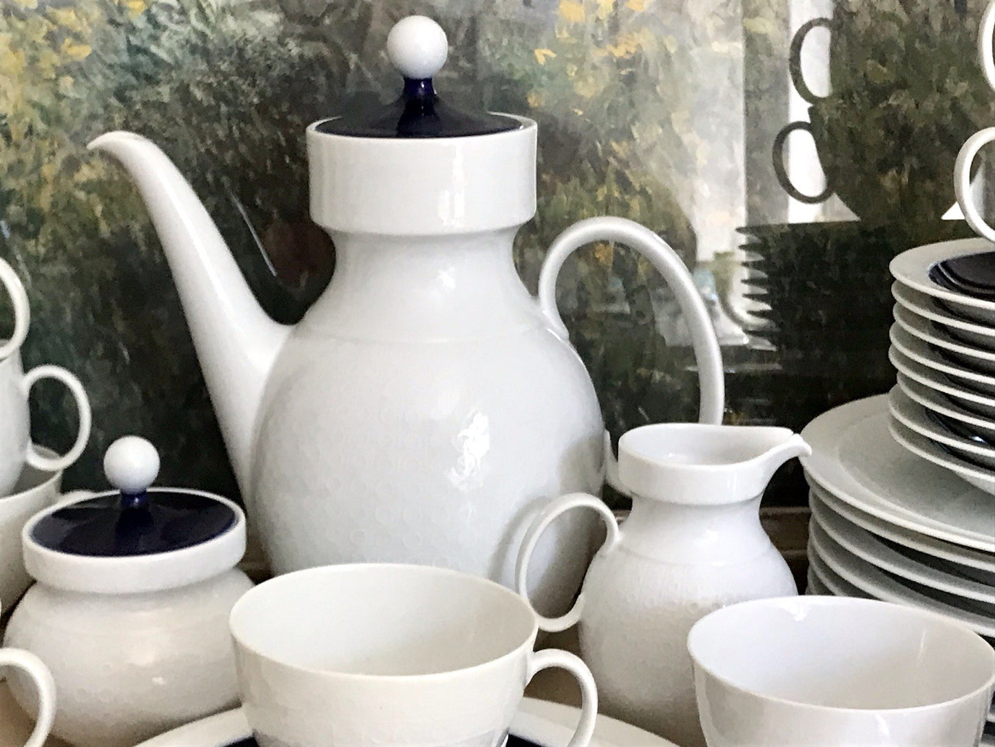 Ak Kaiser Porzellan Kaffeeservice 12 Personen Design weiß kobaltblau mit Relief