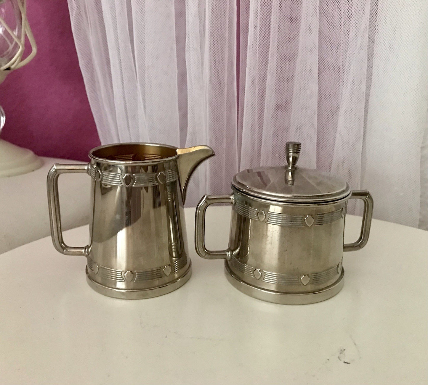 Antik Jugendstil Art Déco Kaffee Kernstück Zuckerdose Rahmgießer verchromt? 2tlg