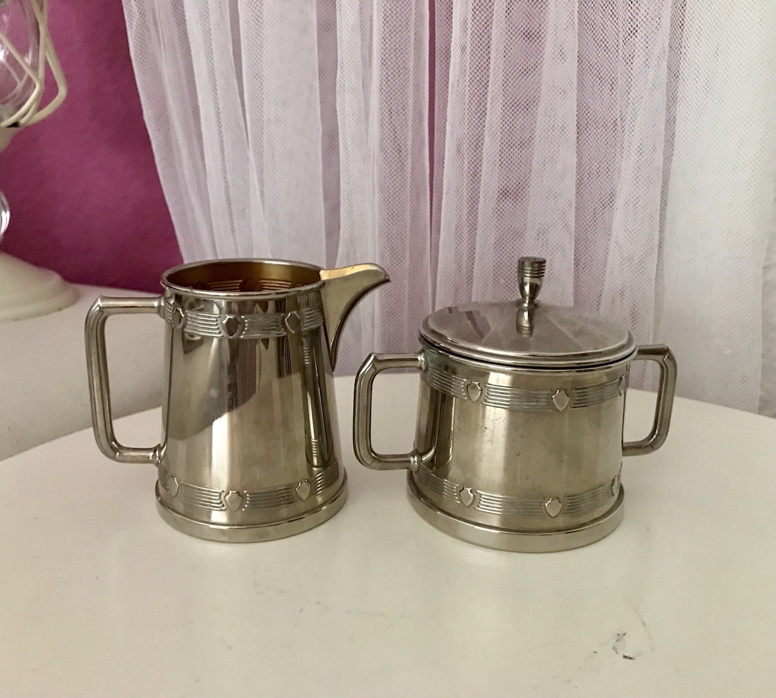 Antik Jugendstil Art Déco Kaffee Kernstück Zuckerdose Rahmgießer verchromt? 2tlg