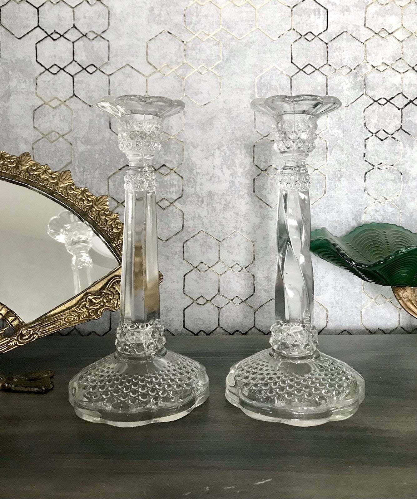 Antik Art Déco 2x Kerzenleuchter Leuchter Kerzenständer Pressglas Glas