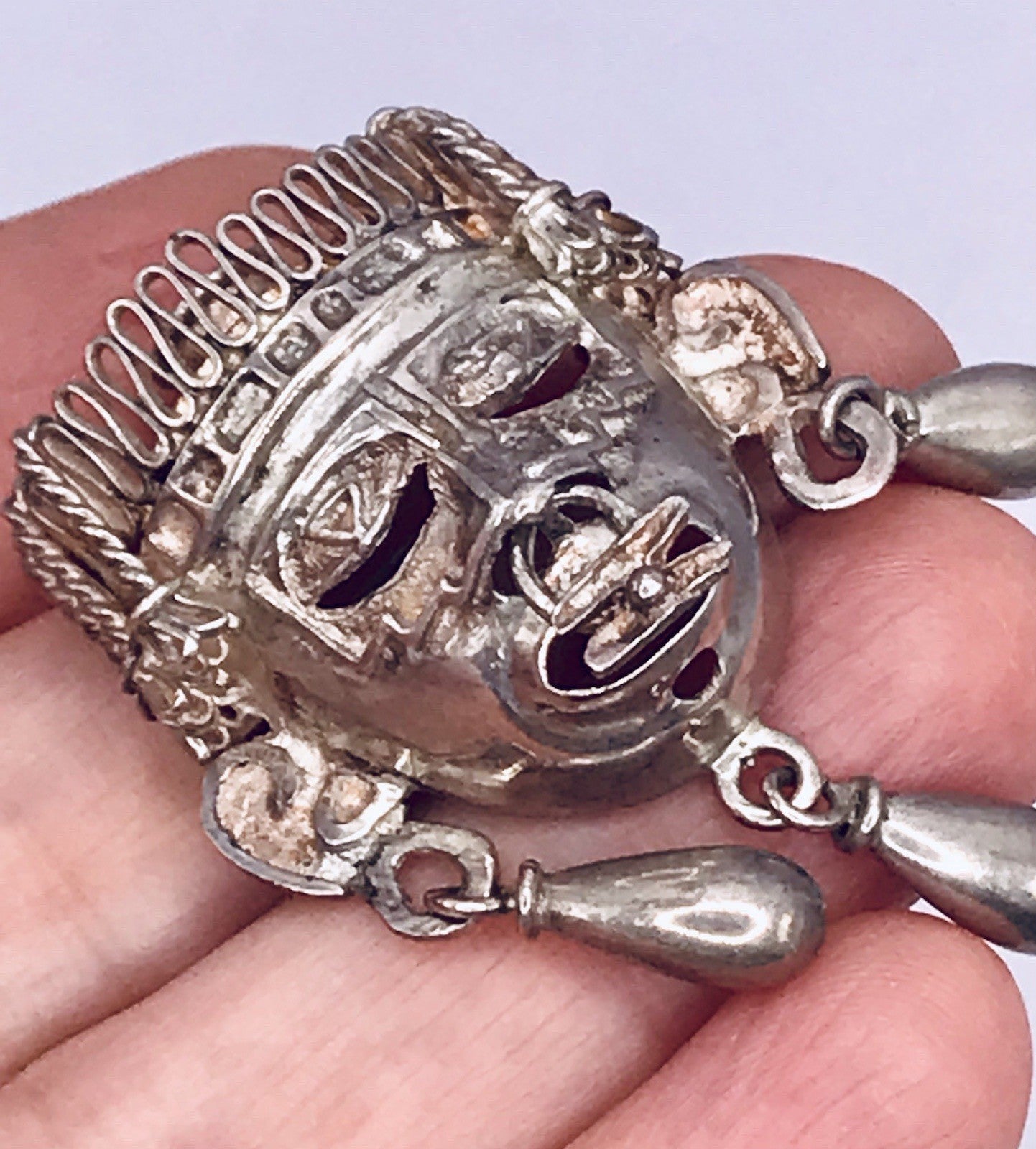 Vintage Azteken Kopf Ethno Maya 2in1 Anhänger Kettenanhänger Brosche 925 Silber
