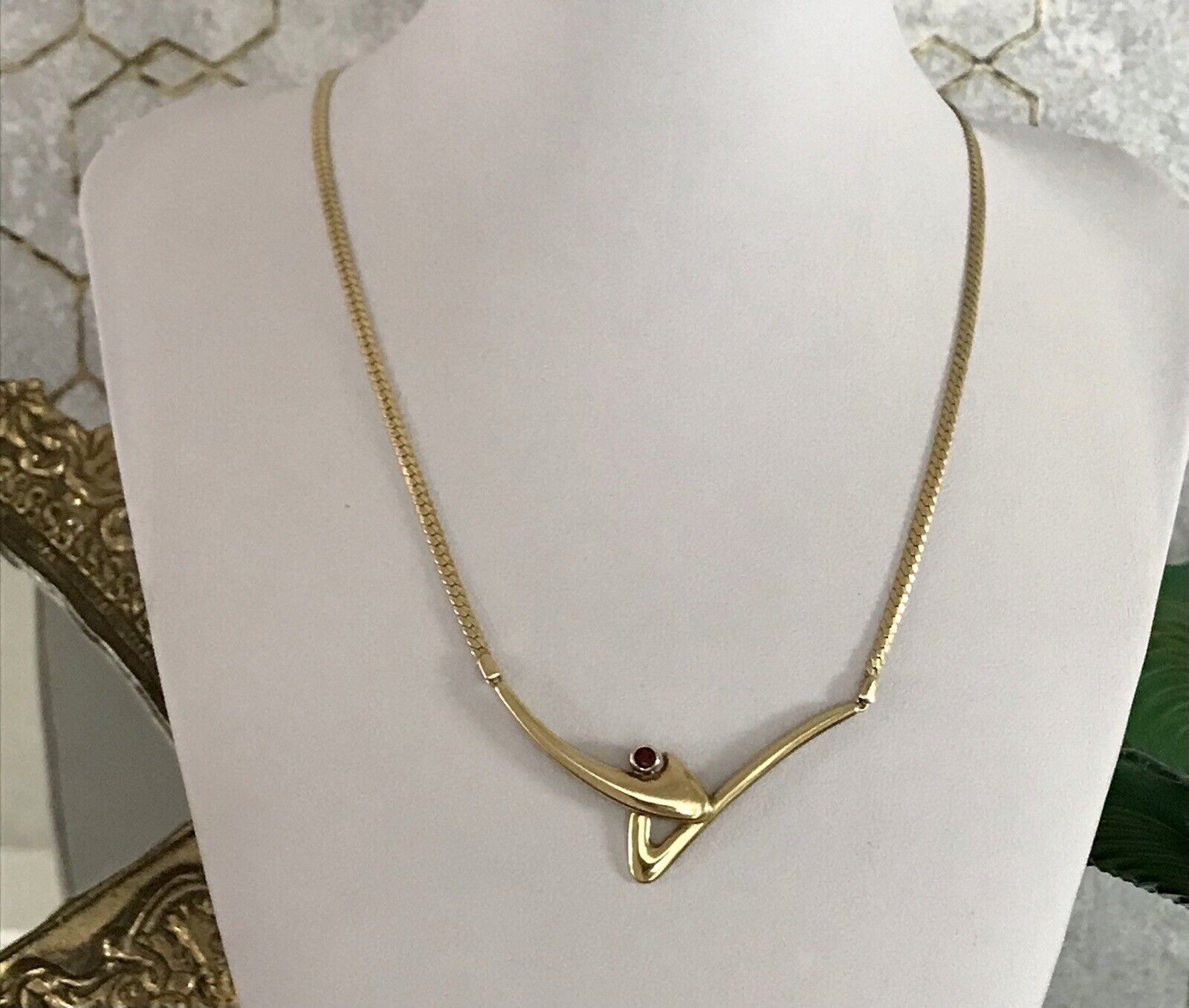 Alt Halskette Kette Amerikan. Doublè TeKa gold Collier roter Stein 50er 60er