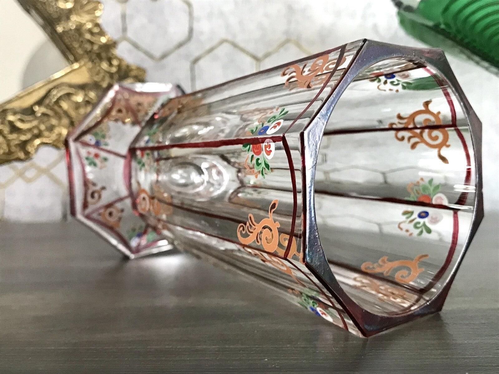 Antikisiert Replik Böhmisch Biedermeier Email-Malerei Glas Fußbecher bemalt
